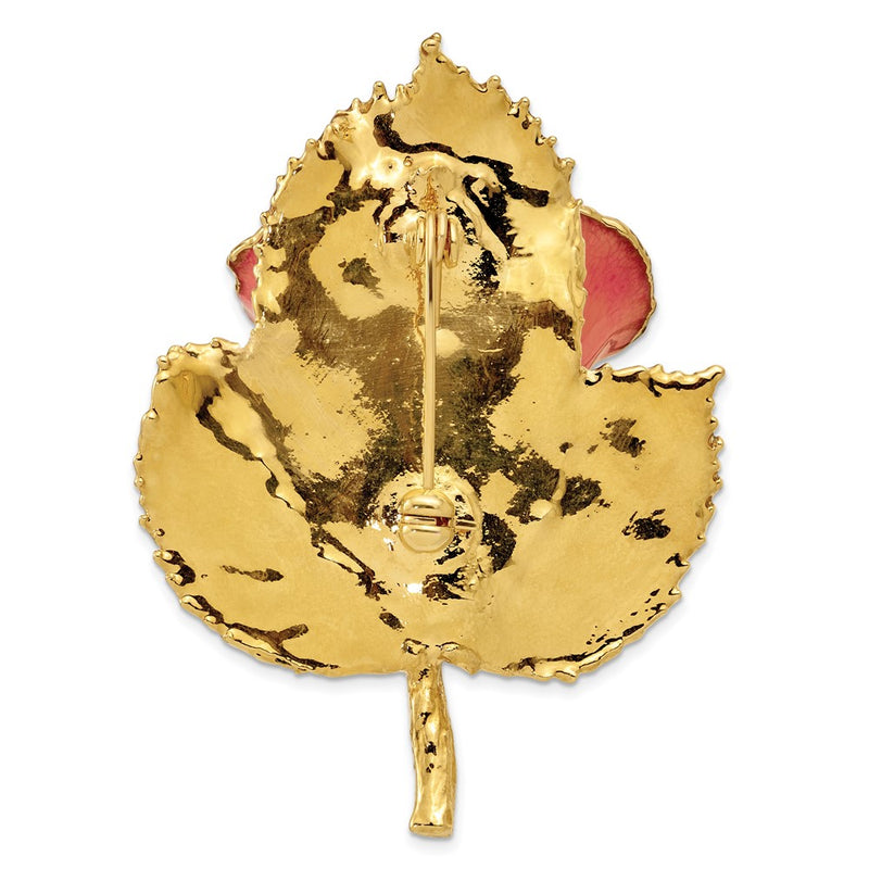 Fashion 24K Gold-Trim Lacquer Dipped Pink Rose On Leaf Pin/Boutonniere