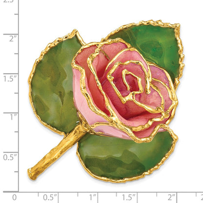 Fashion 24K Gold-Trim Lacquer Dipped Pink Rose On Leaf Pin/Boutonniere