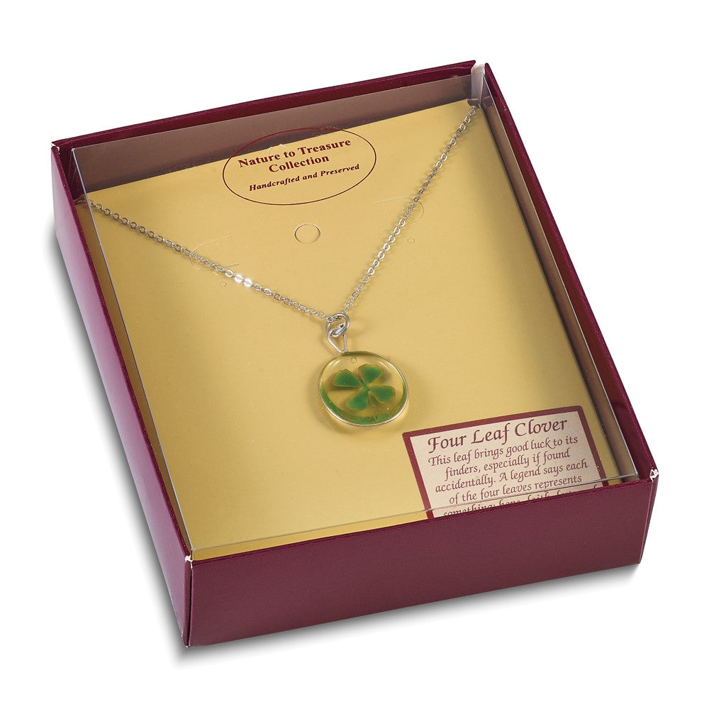 20.00 Inch Silver Trim Real Four Leaf Clover In Oval 20 Silver-Plated Chain Necklace