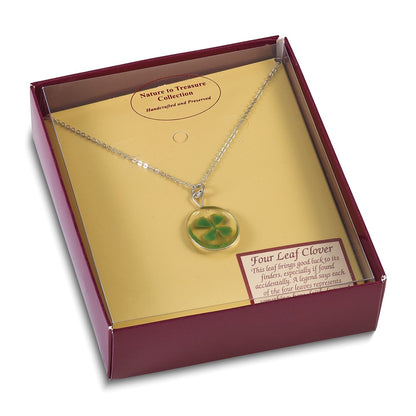 20.00 Inch Silver Trim Real Four Leaf Clover In Oval 20 Silver-Plated Chain Necklace