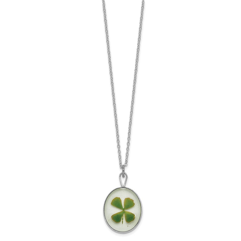 20.00 Inch Silver Trim Real Four Leaf Clover In Oval 20 Silver-Plated Chain Necklace