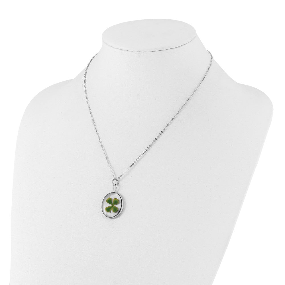 20.00 Inch Silver Trim Real Four Leaf Clover In Oval 20 Silver-Plated Chain Necklace