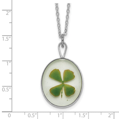 20.00 Inch Silver Trim Real Four Leaf Clover In Oval 20 Silver-Plated Chain Necklace