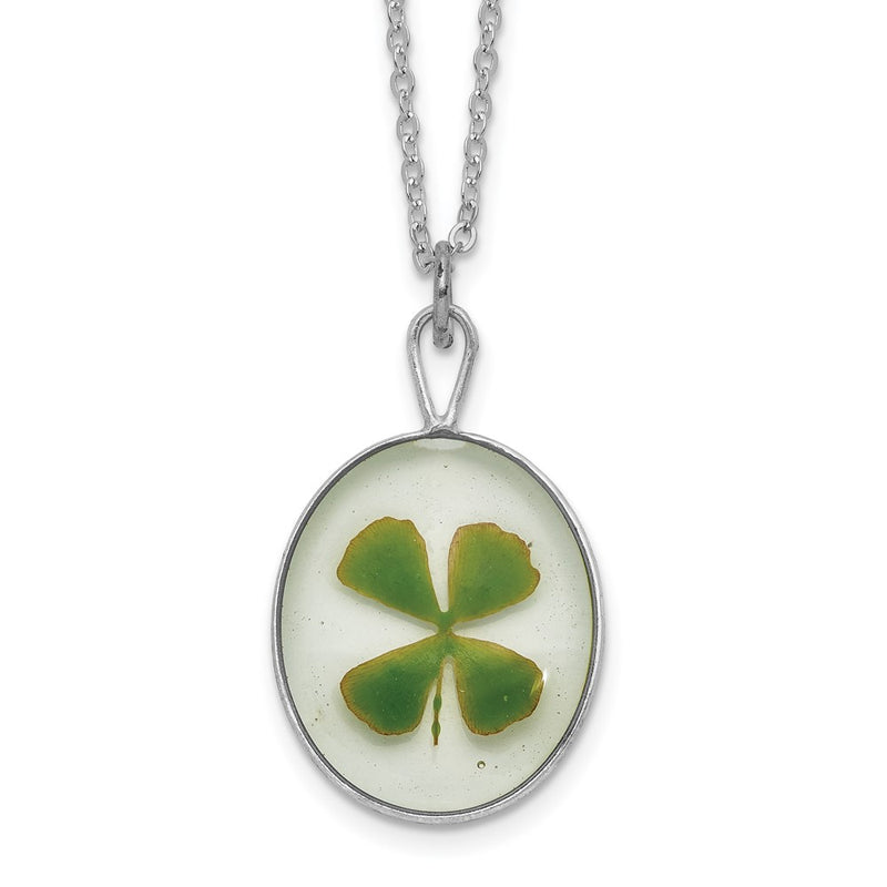 20.00 Inch Silver Trim Real Four Leaf Clover In Oval 20 Silver-Plated Chain Necklace