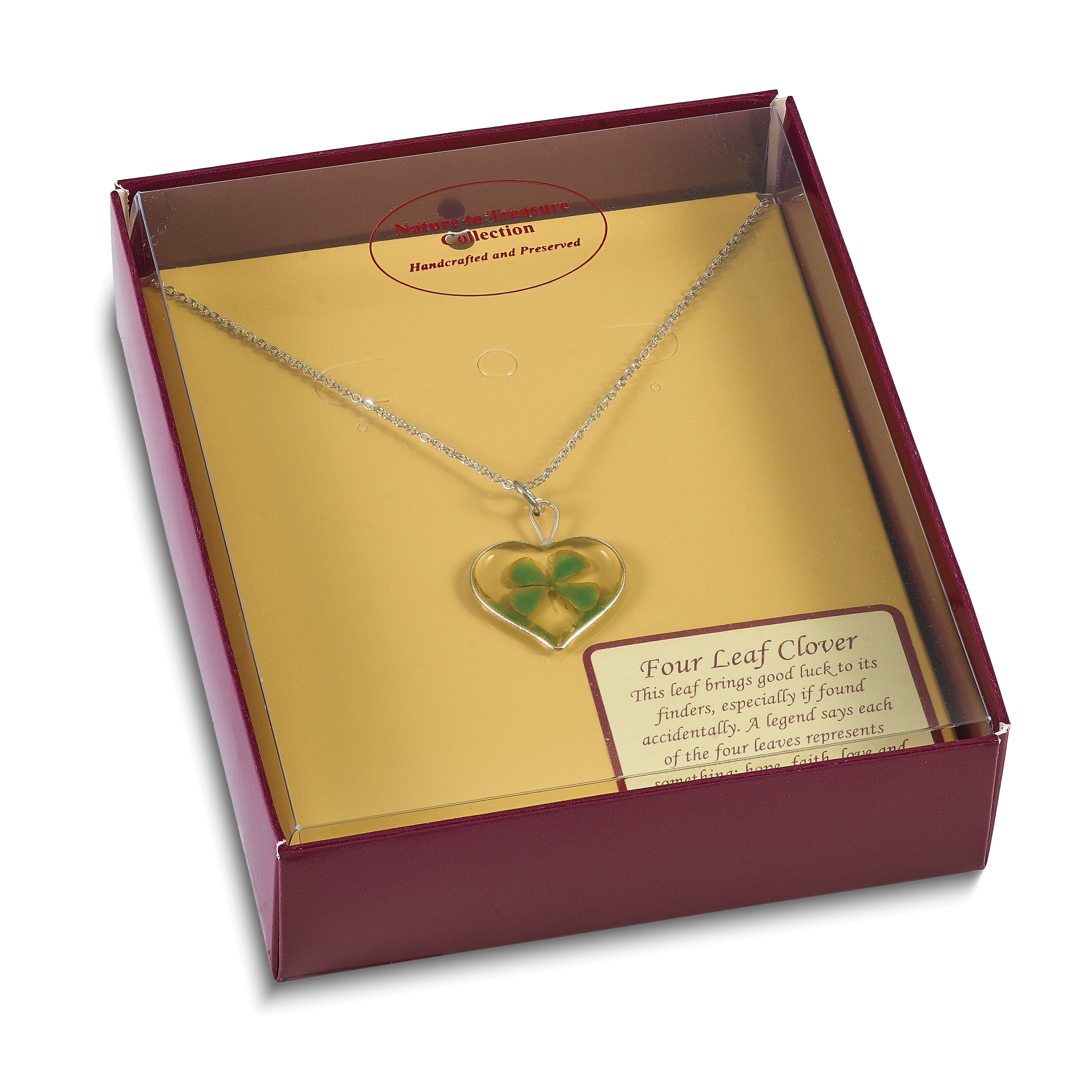 20.00 Inch Silver Trim Real Four Leaf Clover In Heart 20 Silver-Plated Chain Necklace
