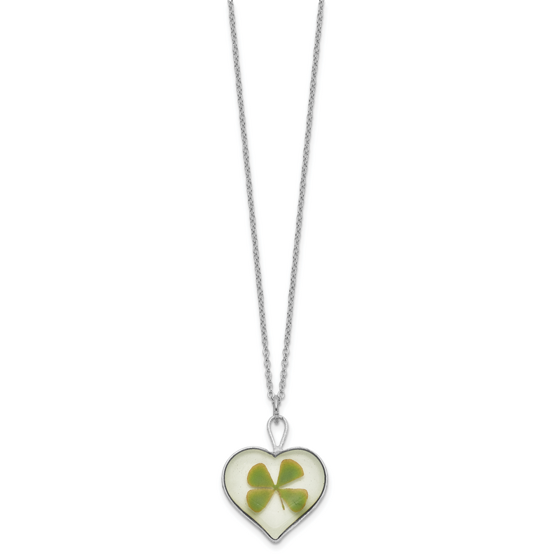 20.00 Inch Silver Trim Real Four Leaf Clover In Heart 20 Silver-Plated Chain Necklace