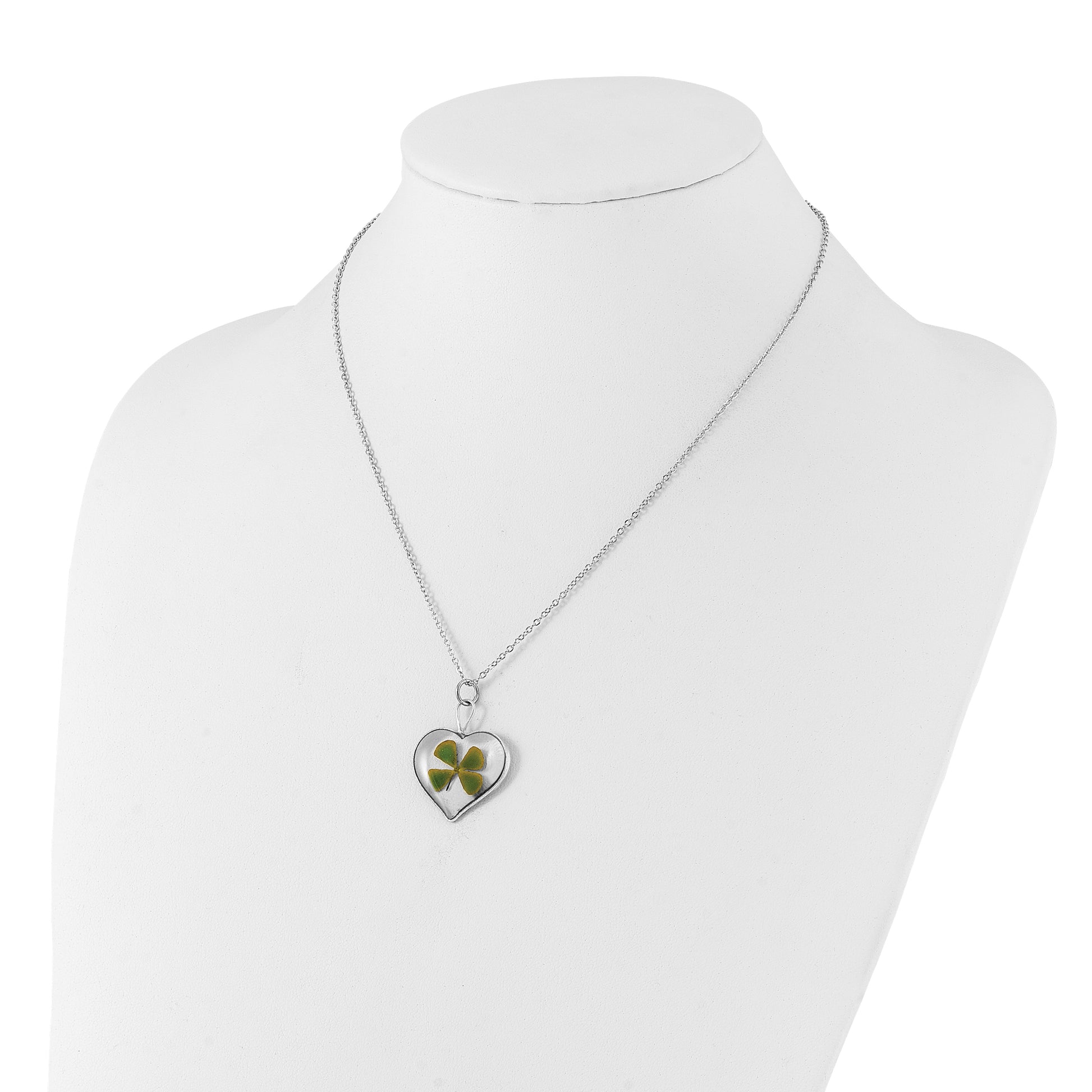 20.00 Inch Silver Trim Real Four Leaf Clover In Heart 20 Silver-Plated Chain Necklace