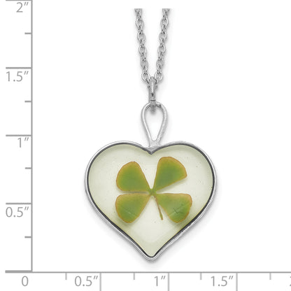 20.00 Inch Silver Trim Real Four Leaf Clover In Heart 20 Silver-Plated Chain Necklace