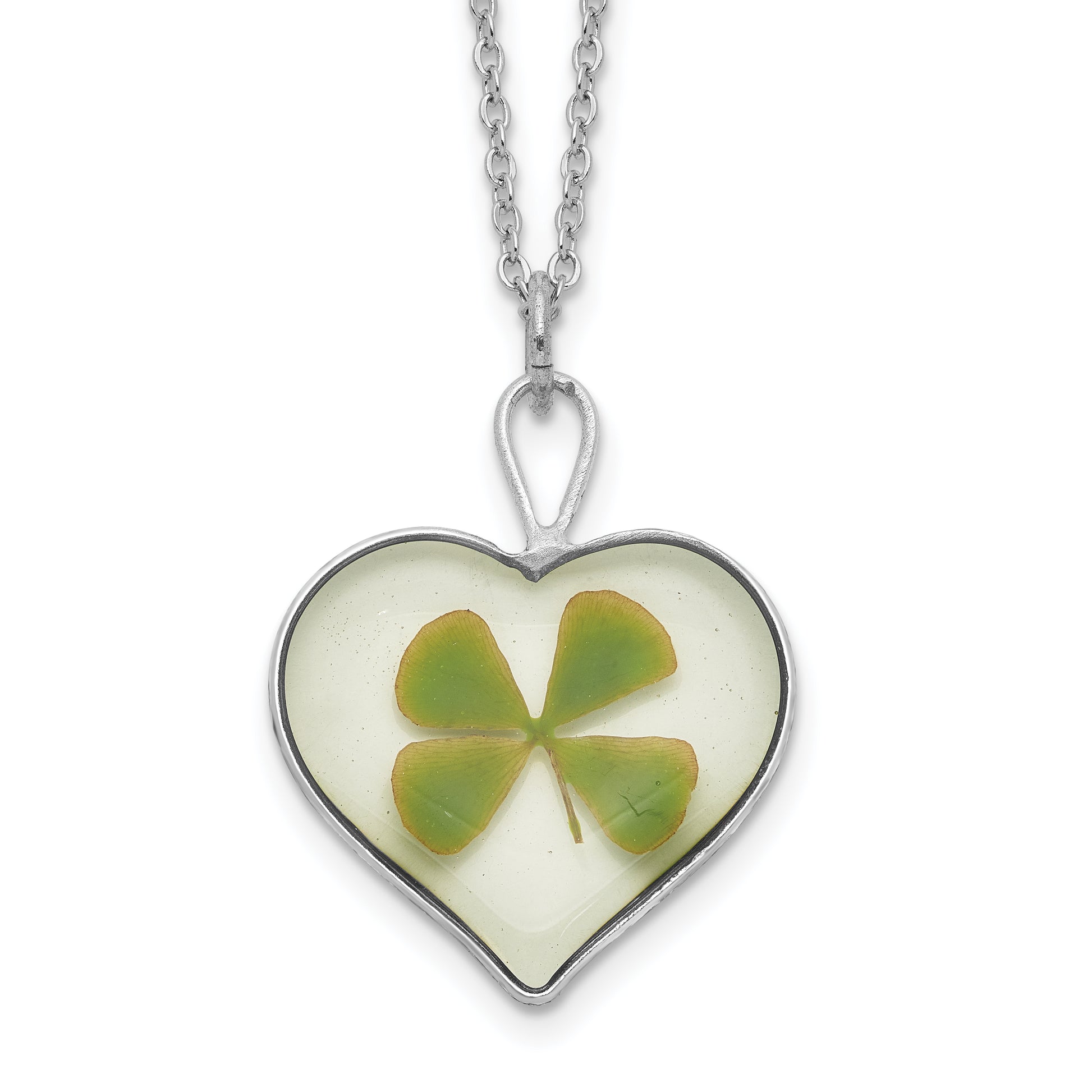 20.00 Inch Silver Trim Real Four Leaf Clover In Heart 20 Silver-Plated Chain Necklace