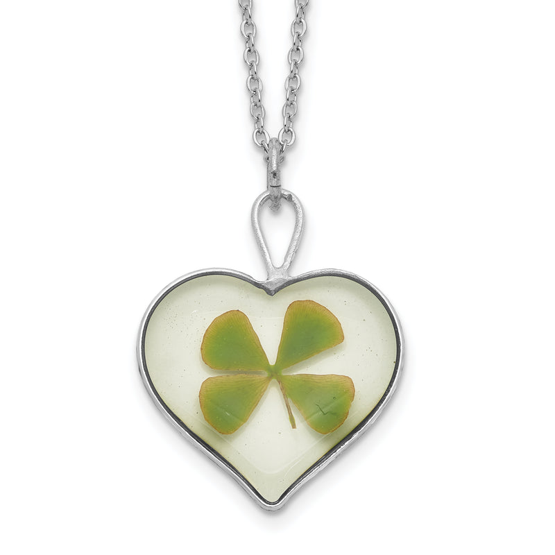 20.00 Inch Silver Trim Real Four Leaf Clover In Heart 20 Silver-Plated Chain Necklace