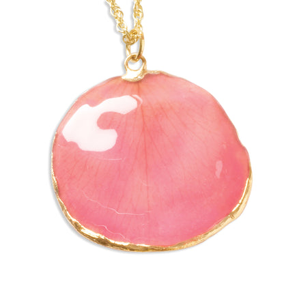 Fashion 24K Gold-Trim Lacquer Dipped Pink Real Rose Petal 20 Inch Gold-Tone Necklace