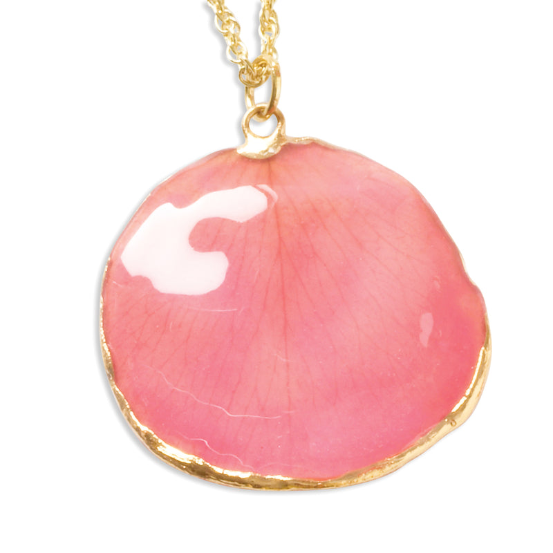 Fashion 24K Gold-Trim Lacquer Dipped Pink Real Rose Petal 20 Inch Gold-Tone Necklace