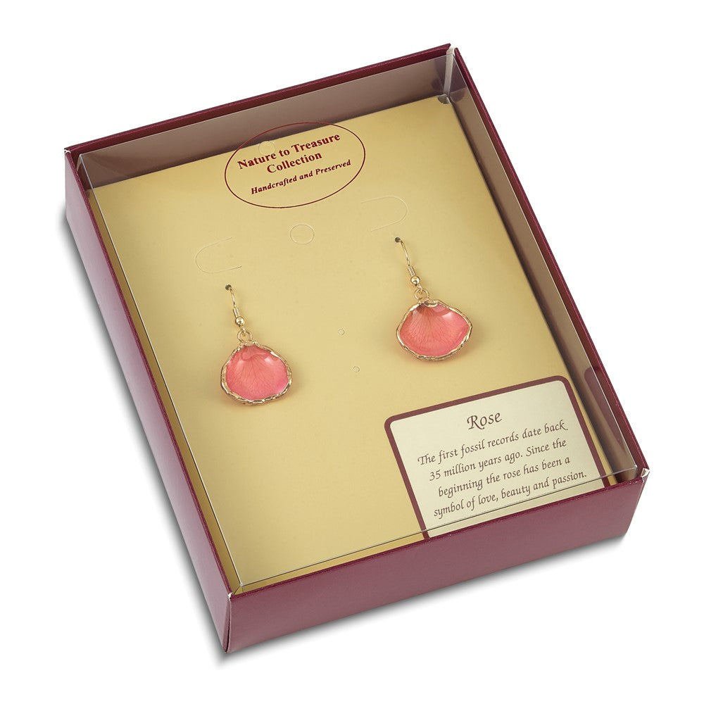 Fashion 24K Gold-Trim Lacquer Dipped Pink Real Rose Petal Gold-Tone Dangle Wire Earrings
