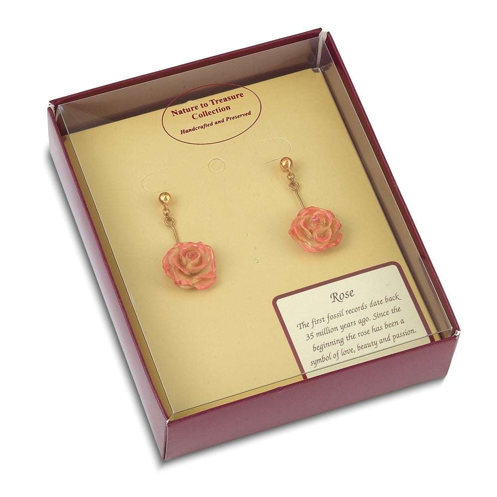 Fashion Lacquer Dipped Cream And Fuchsia Real Rose Gold-Tone Dangle Post Earrings