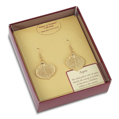Fashion 24K Gold Dipped Real Aspen Leaf Gold-Tone Shepherd Hook Dangle Earrings