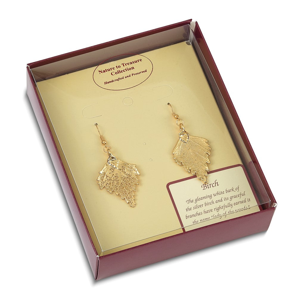 Fashion 24K Gold Dipped Real Birch Leaf Gold-Tone Shepherd Hook Dangle Earrings