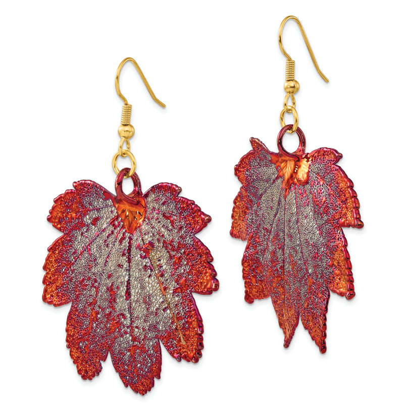 Fashion Iridescent Copper Dipped Real Full Moon Maple Leaf Gold-Tone Shepherd Hook Dangle Earrings