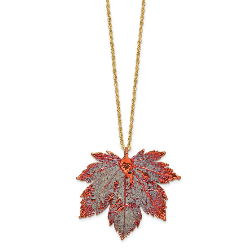 Fashion Iridescent Copper Dipped Real Full Moon Maple Leaf With 20 Inch Gold-Tone Necklace