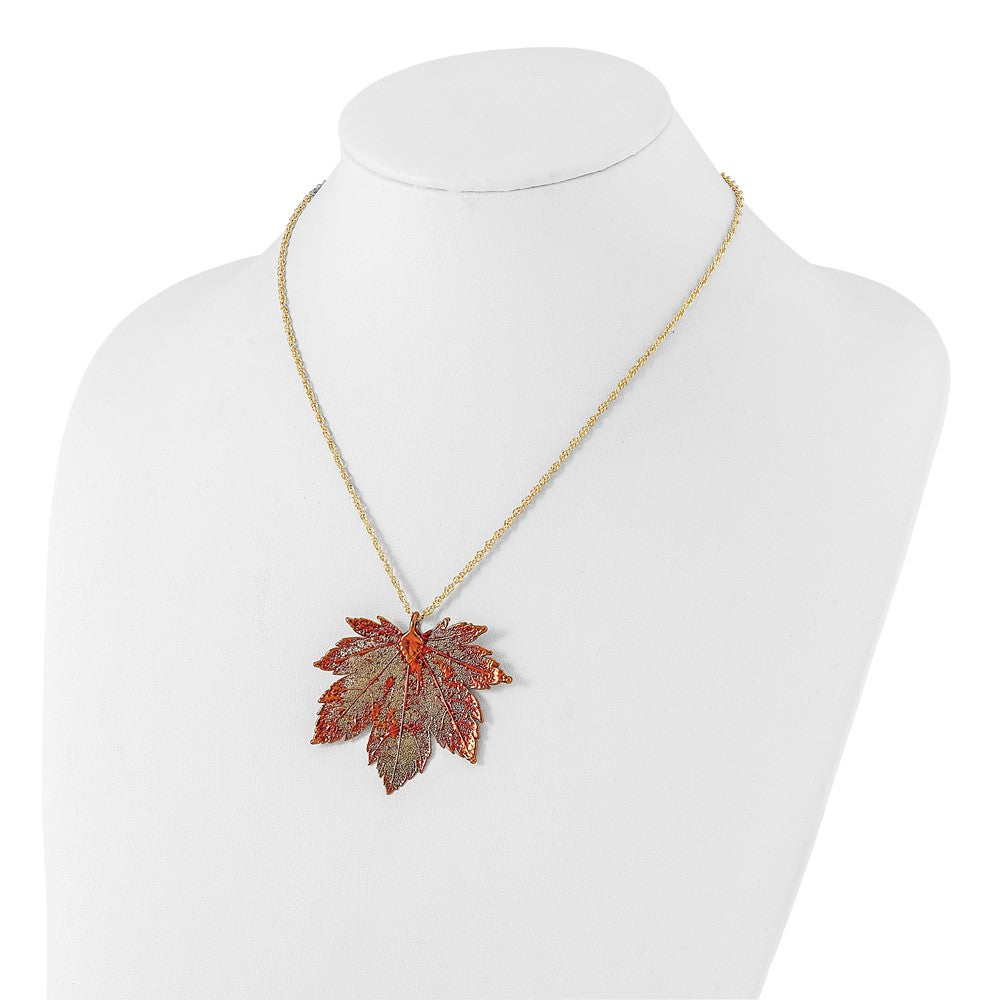 Fashion Iridescent Copper Dipped Real Full Moon Maple Leaf With 20 Inch Gold-Tone Necklace