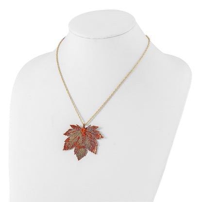 Fashion Iridescent Copper Dipped Real Full Moon Maple Leaf With 20 Inch Gold-Tone Necklace
