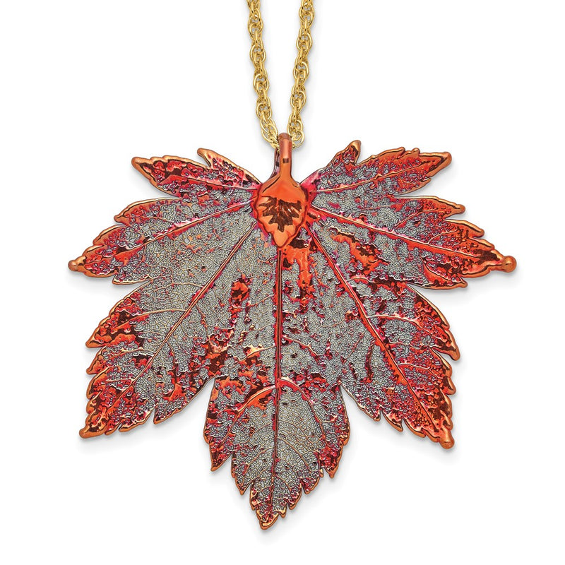 Fashion Iridescent Copper Dipped Real Full Moon Maple Leaf With 20 Inch Gold-Tone Necklace