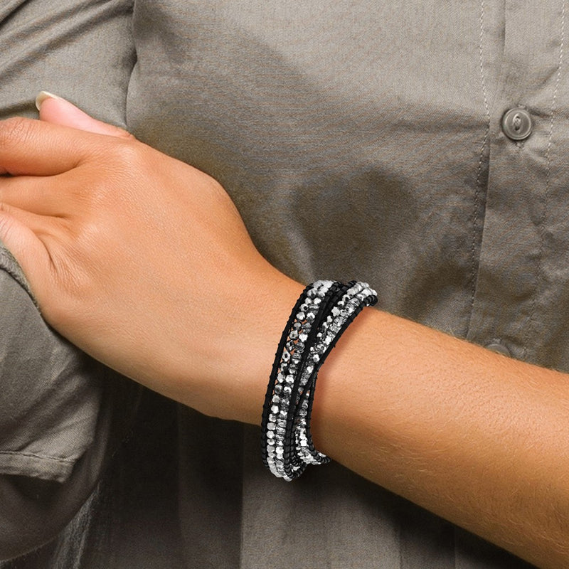 21 Inch Grey And Clear Crystal Bead Leather Multi-Wrap Bracelet