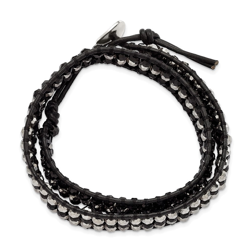 14 Inch Black Aurora Borealis/Grey Crystal Bead/Leather Multi-Wrap Bracelet