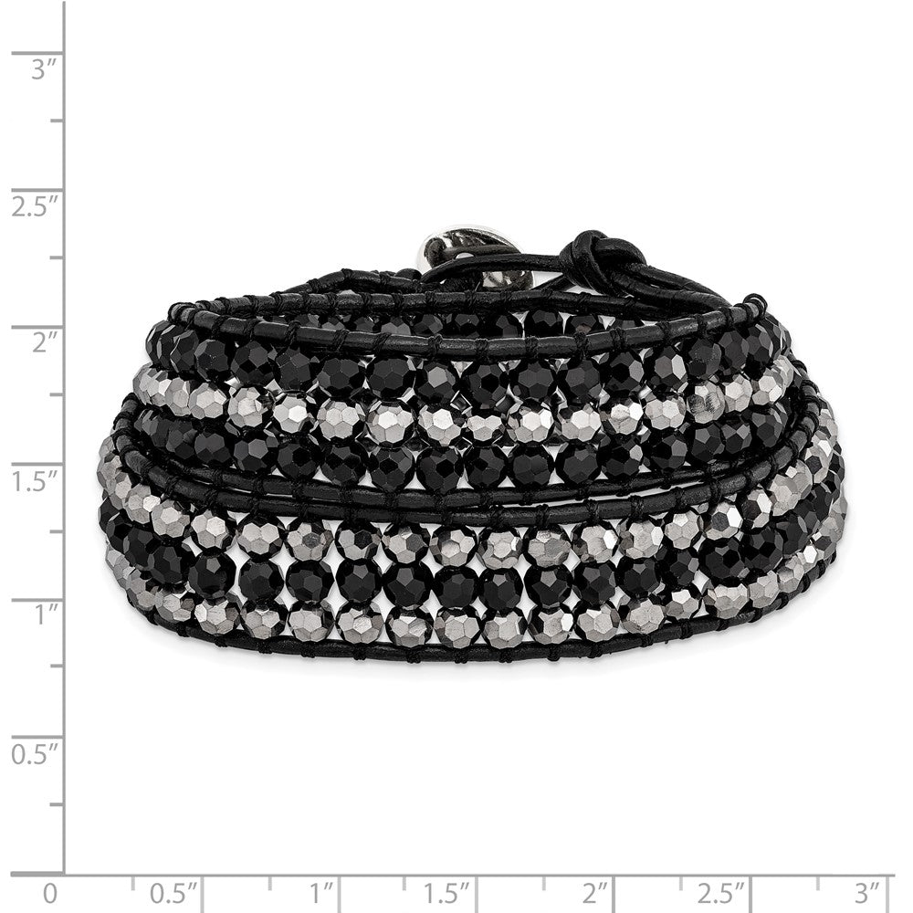 14 Inch Black Aurora Borealis/Grey Crystal Bead/Leather Multi-Wrap Bracelet