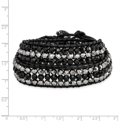 14 Inch Black Aurora Borealis/Grey Crystal Bead/Leather Multi-Wrap Bracelet