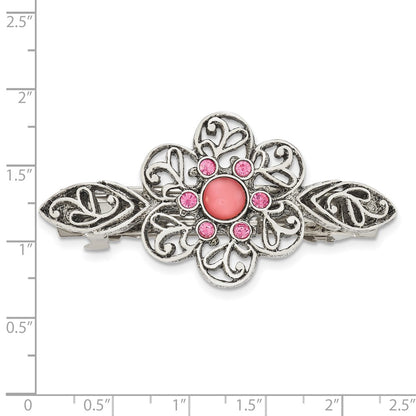 Fashion 1928 Jewlery Silver-Tone Filigree Pink Cabochon And Crystal Flower Hair Barrette