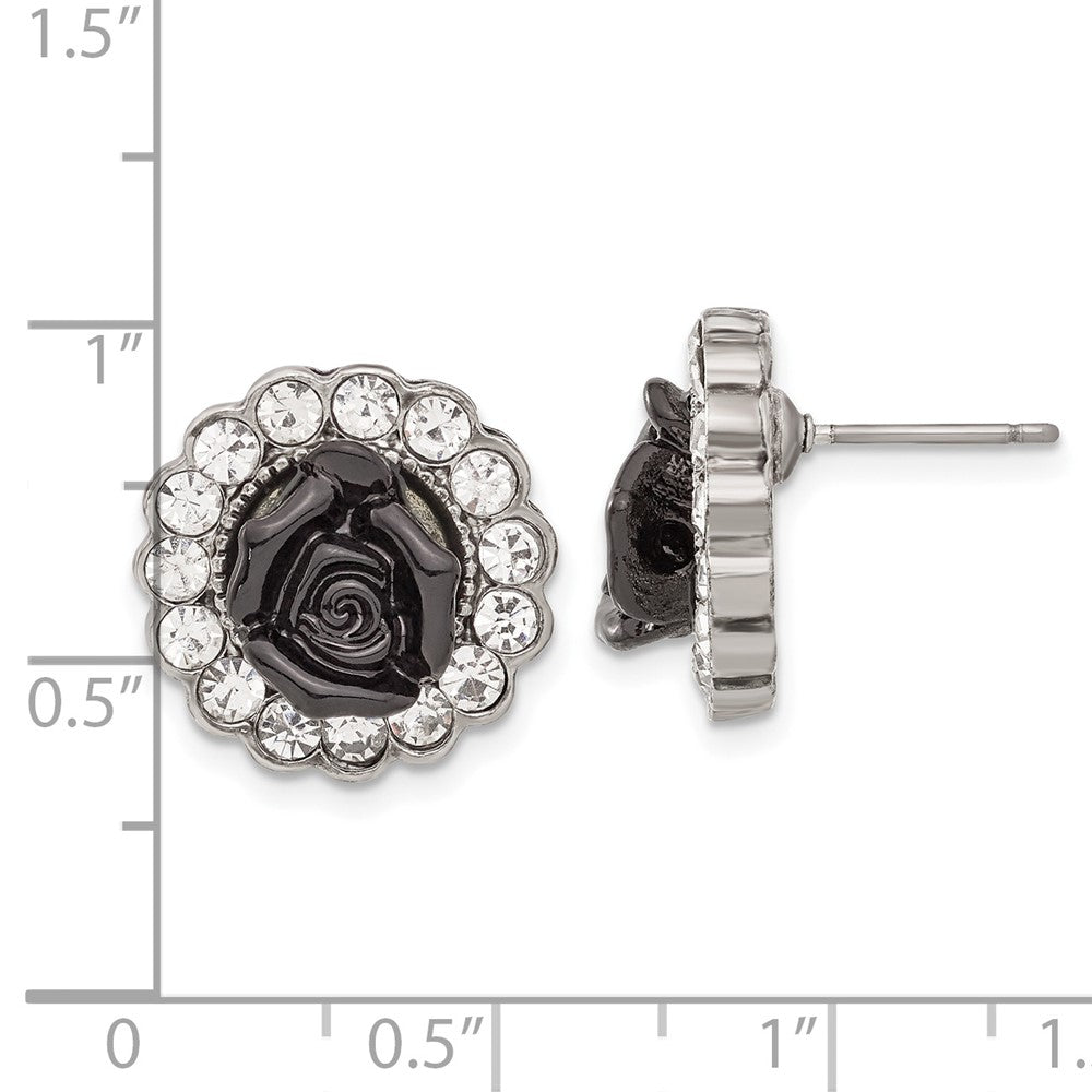 Fashion 1928 Silver-Tone Black Enamel Flowers & Crystal Post Earrings