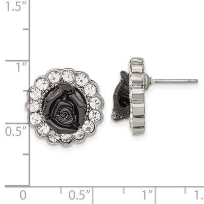 Fashion 1928 Silver-Tone Black Enamel Flowers & Crystal Post Earrings