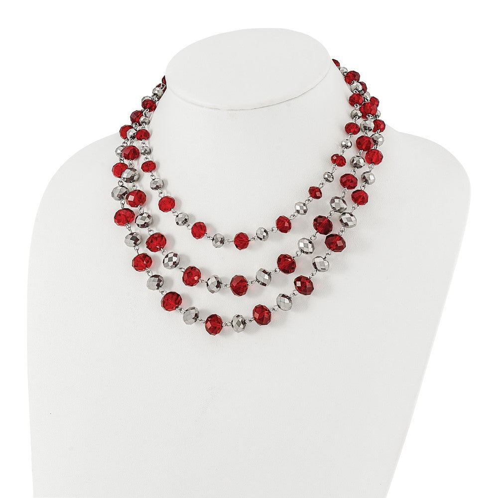 Fashion 1928 Jewelry Silver-Tone Three Strand Red And Grey Epoxy Faceted Stone Adjustable 16 Inch Necklace With 3 Extension