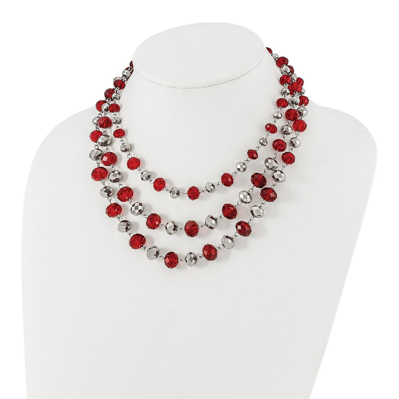 Fashion 1928 Jewelry Silver-Tone Three Strand Red And Grey Epoxy Faceted Stone Adjustable 16 Inch Necklace With 3 Extension