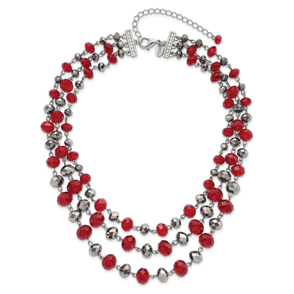 Fashion 1928 Jewelry Silver-Tone Three Strand Red And Grey Epoxy Faceted Stone Adjustable 16 Inch Necklace With 3 Extension