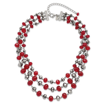 Fashion 1928 Jewelry Silver-Tone Three Strand Red And Grey Epoxy Faceted Stone Adjustable 16 Inch Necklace With 3 Extension