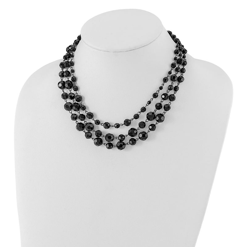 Fashion 1928 Jewelry Black-Plated Jet Black Glass Faceted Bead Graduated Three Strand Adjustable 16 Inch Necklace With 3 Extension