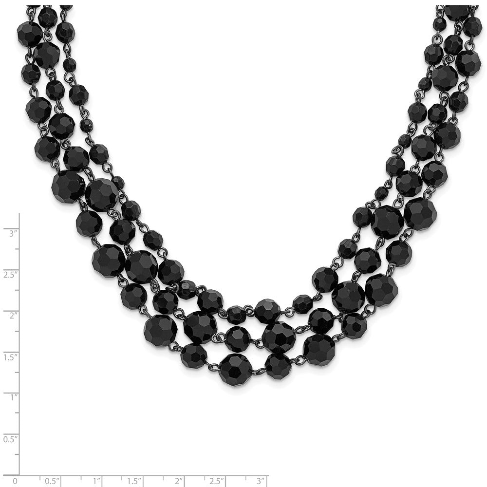 Fashion 1928 Jewelry Black-Plated Jet Black Glass Faceted Bead Graduated Three Strand Adjustable 16 Inch Necklace With 3 Extension