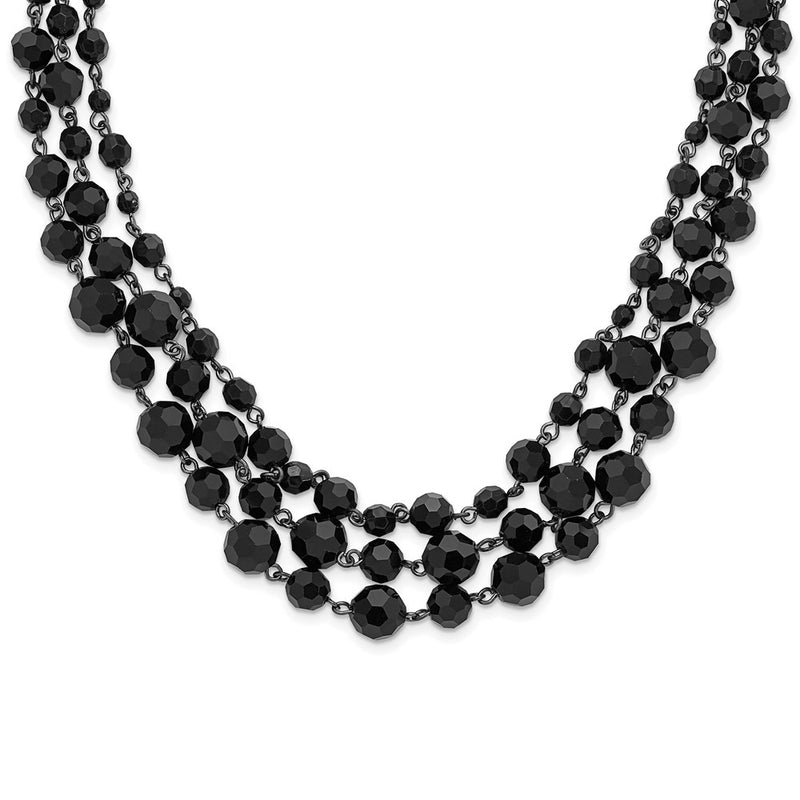 Fashion 1928 Jewelry Black-Plated Jet Black Glass Faceted Bead Graduated Three Strand Adjustable 16 Inch Necklace With 3 Extension