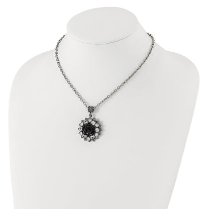 Fashion 1928 Silver-Tone Crystal & Black Enamel Flower 16In W/3In Ext Necklace