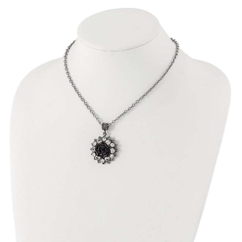 Fashion 1928 Silver-Tone Crystal & Black Enamel Flower 16In W/3In Ext Necklace