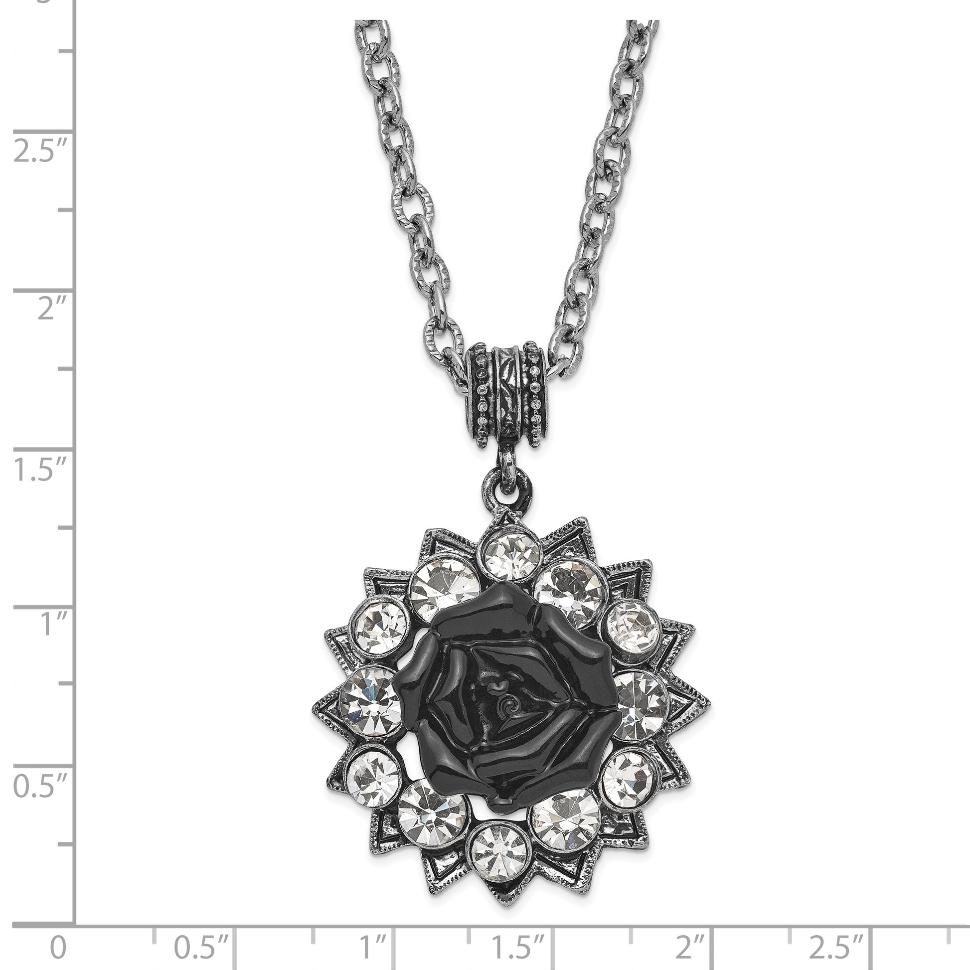 Fashion 1928 Silver-Tone Crystal & Black Enamel Flower 16In W/3In Ext Necklace