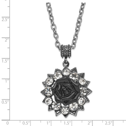 Fashion 1928 Silver-Tone Crystal & Black Enamel Flower 16In W/3In Ext Necklace
