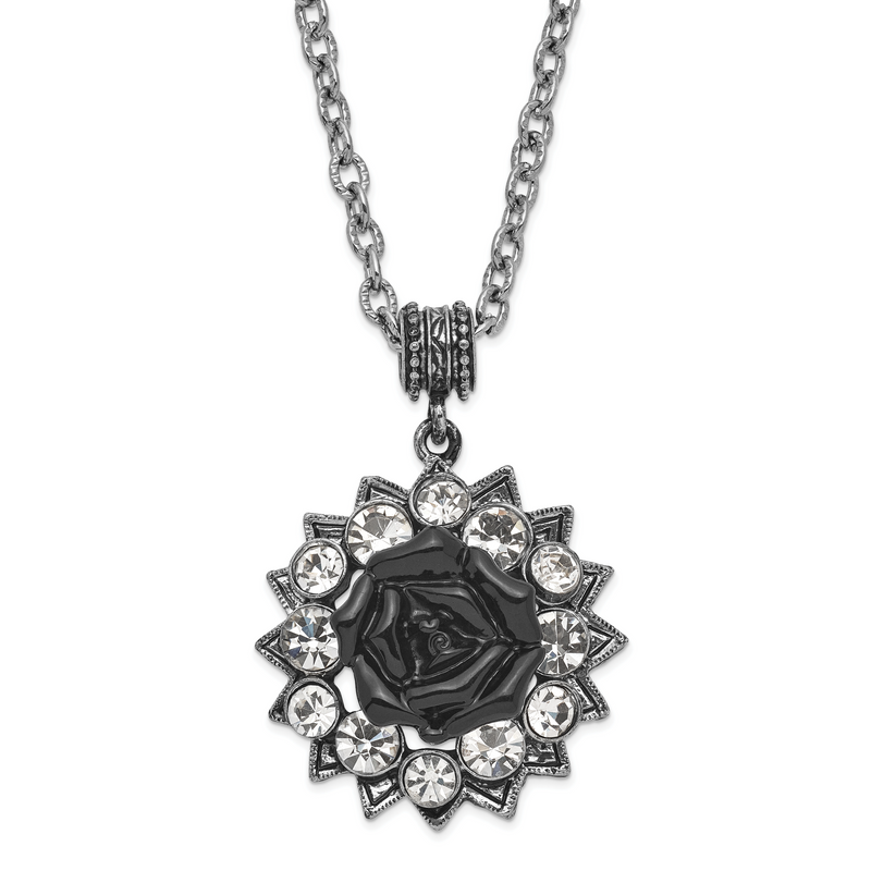 Fashion 1928 Silver-Tone Crystal & Black Enamel Flower 16In W/3In Ext Necklace