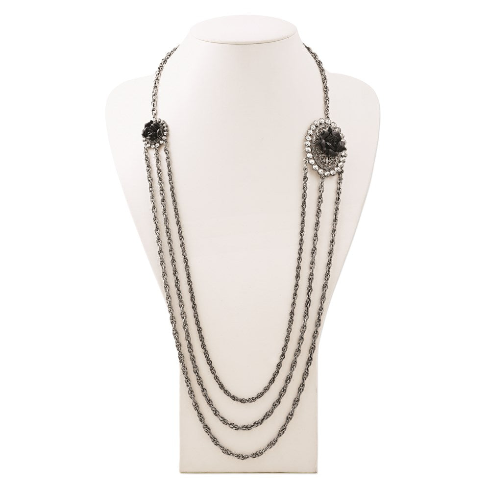 Fashion 1928 Silver-Tone Black Flowers & Crystal Layered Necklace