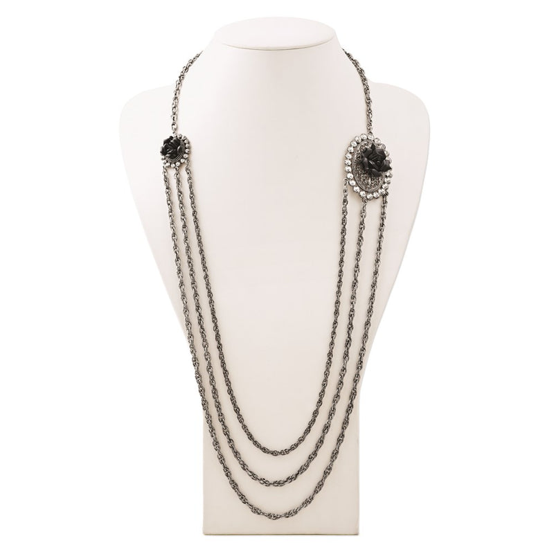 Fashion 1928 Silver-Tone Black Flowers & Crystal Layered Necklace