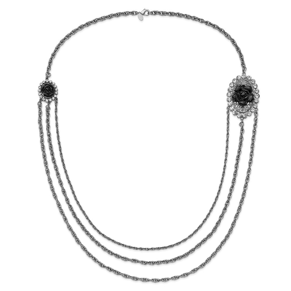 Fashion 1928 Silver-Tone Black Flowers & Crystal Layered Necklace