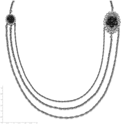 Fashion 1928 Silver-Tone Black Flowers & Crystal Layered Necklace