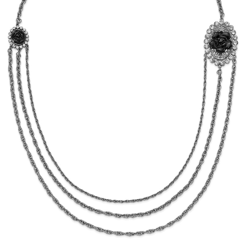 Fashion 1928 Silver-Tone Black Flowers & Crystal Layered Necklace