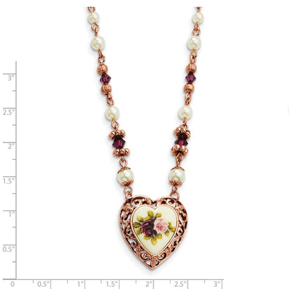 Fashion 1928 Jewelry Rose-Tone Heart Filigree Frame Purple Faceted Crystal Bead Imitation Pearl Rose Floral Motif 15 Inch Necklace